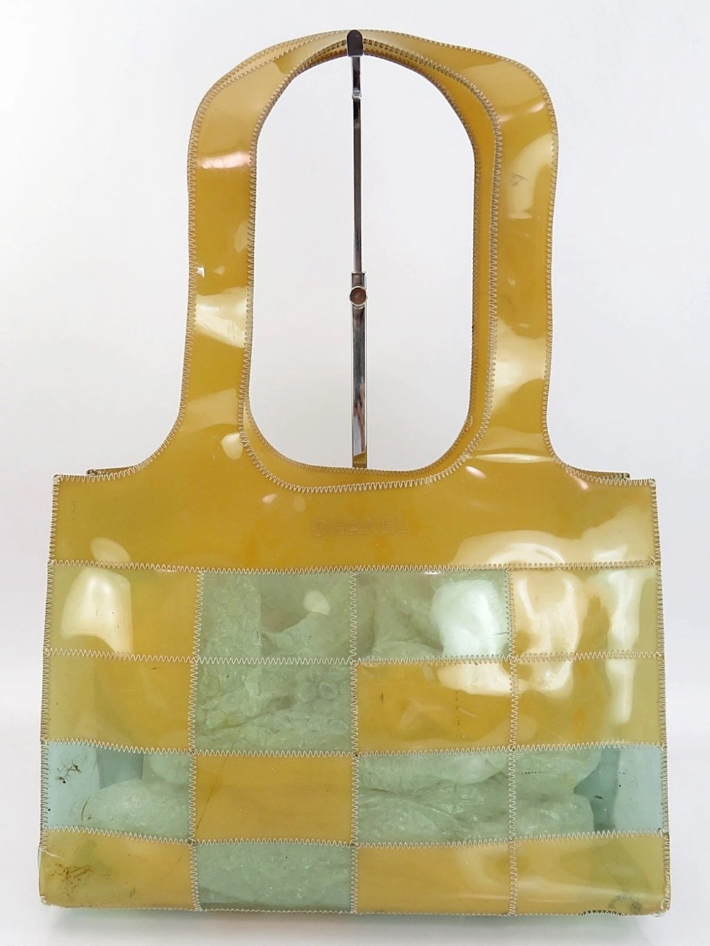 CHANEL Yellow and Pale Green Patchwork Patent Tote